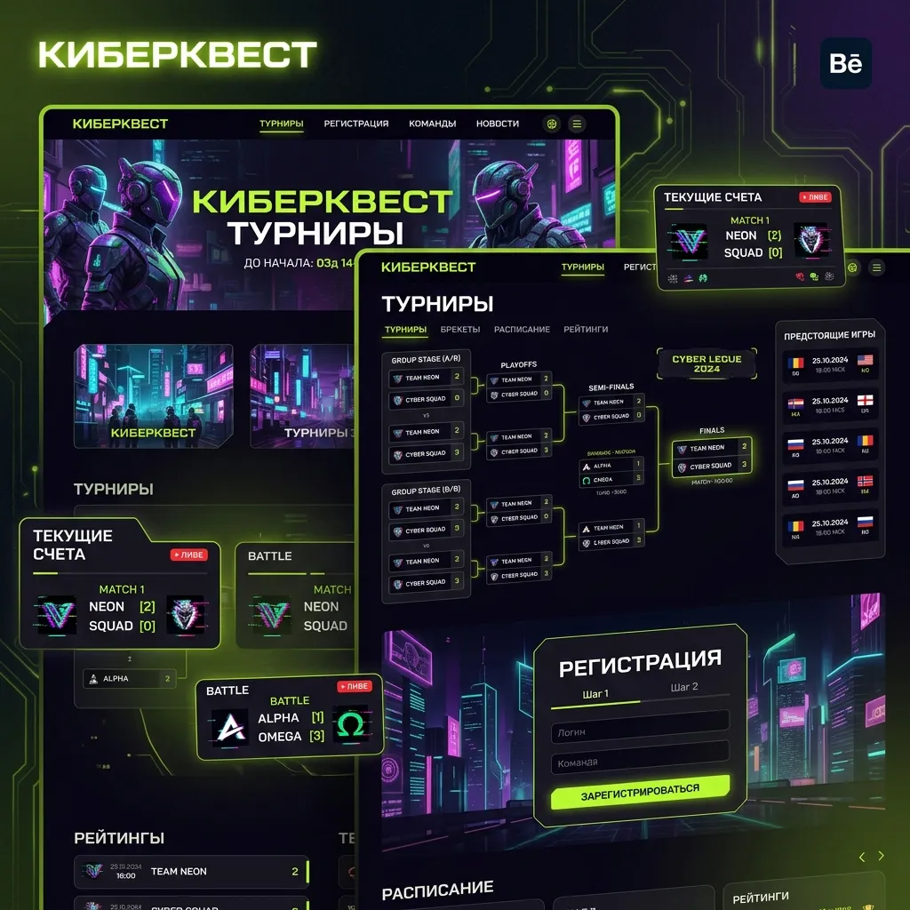 Интерфейс CyberQuest: турнирная сетка, матчи и регистрация команд